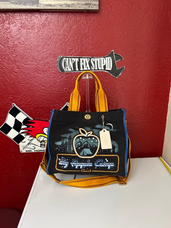 Coach Handbags - Coach Black Canvas Apple Camp Tote with Yellow Handles and Blue Trim